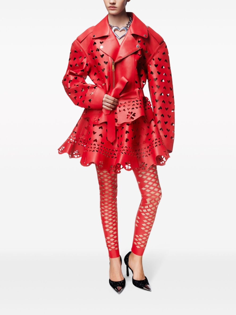 Shop Area Laser-cut Heart Leather Jacket In Red