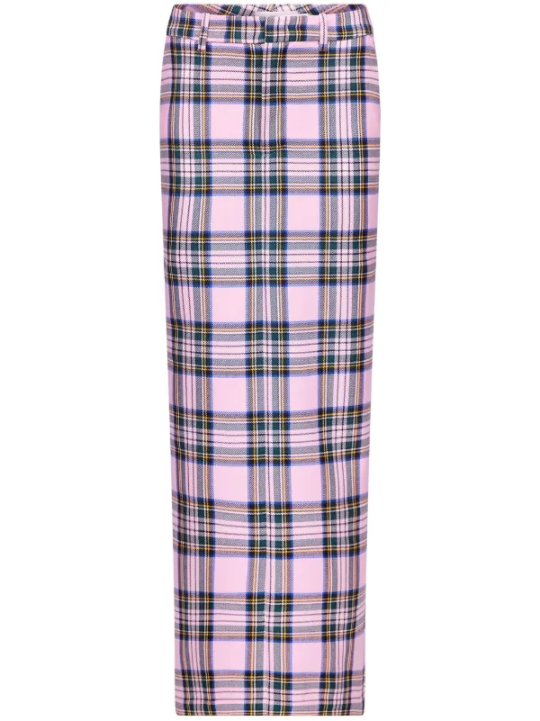 Area Checked Wool Midi Skirt in Pink