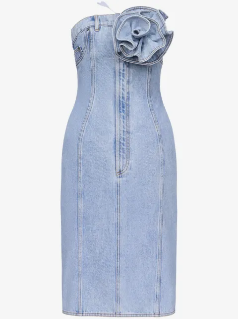 AREA floral-appliqué strapless denim dress