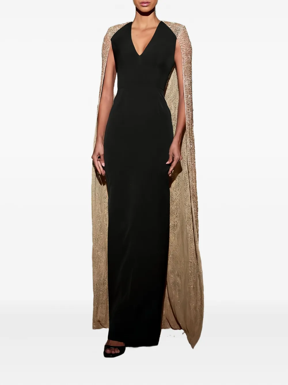 Rhea Costa Asma Sequin-cape V-neck Gown In Animal Print