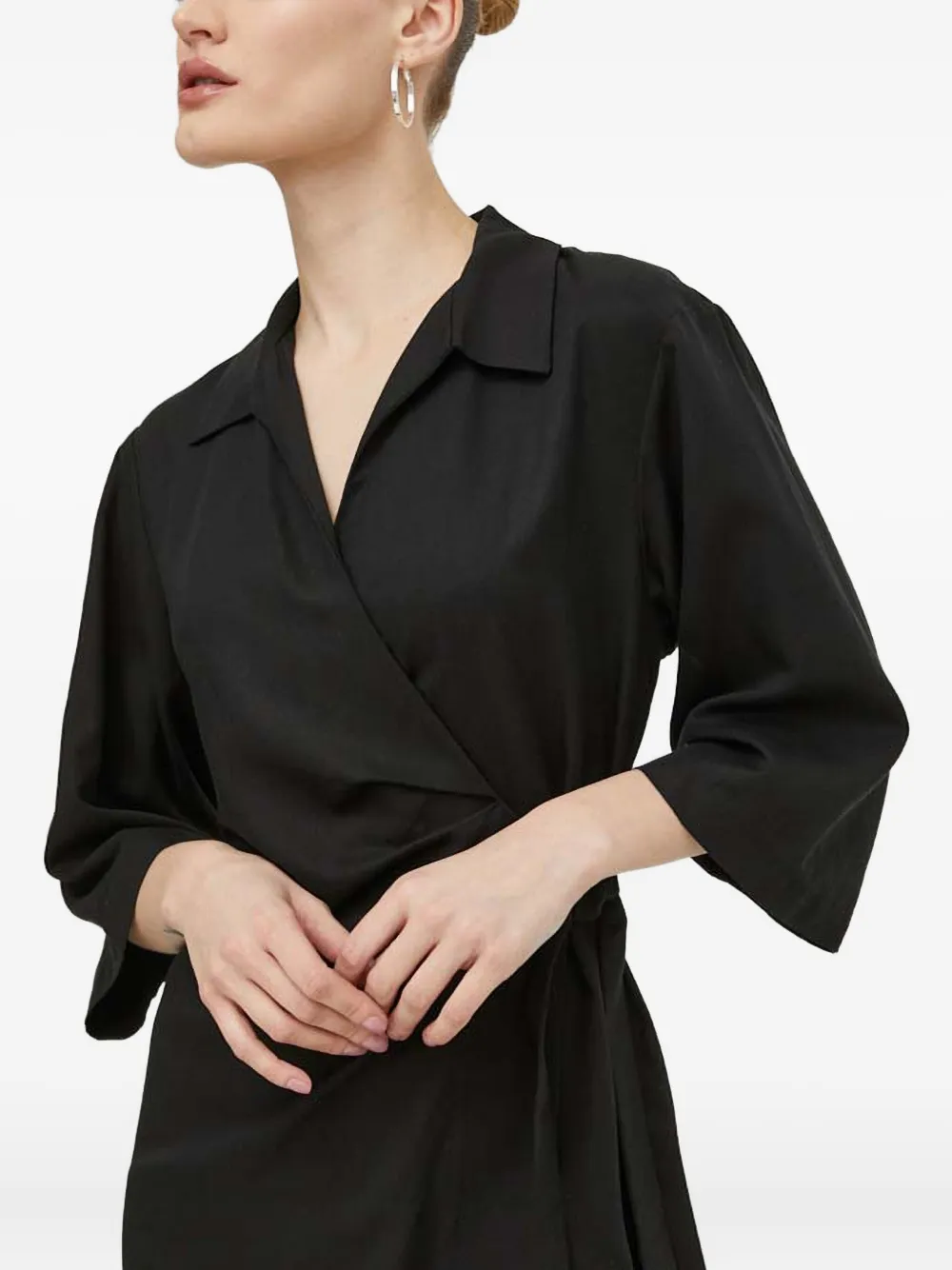 Samsoe & Samsoe Wrap-around Quarter-sleeve Midi Dress In Black