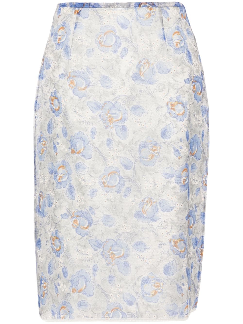 Shop Prada Floral-print Sheer Pencil Skirt In Blau