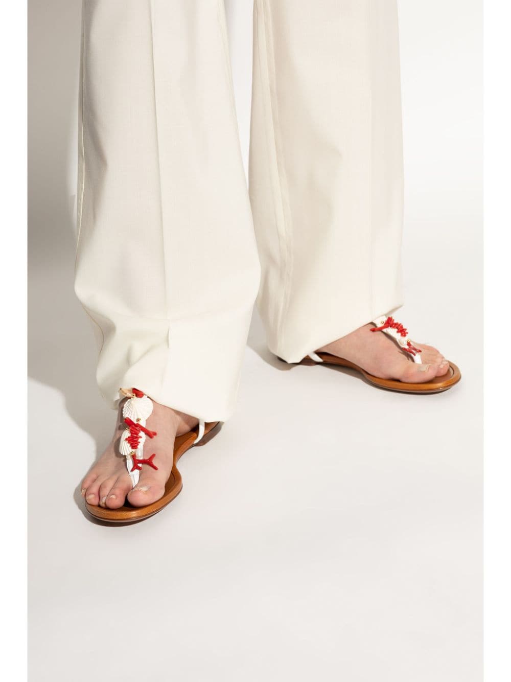 Dolce & Gabbana coral-embroidered leather sandals White