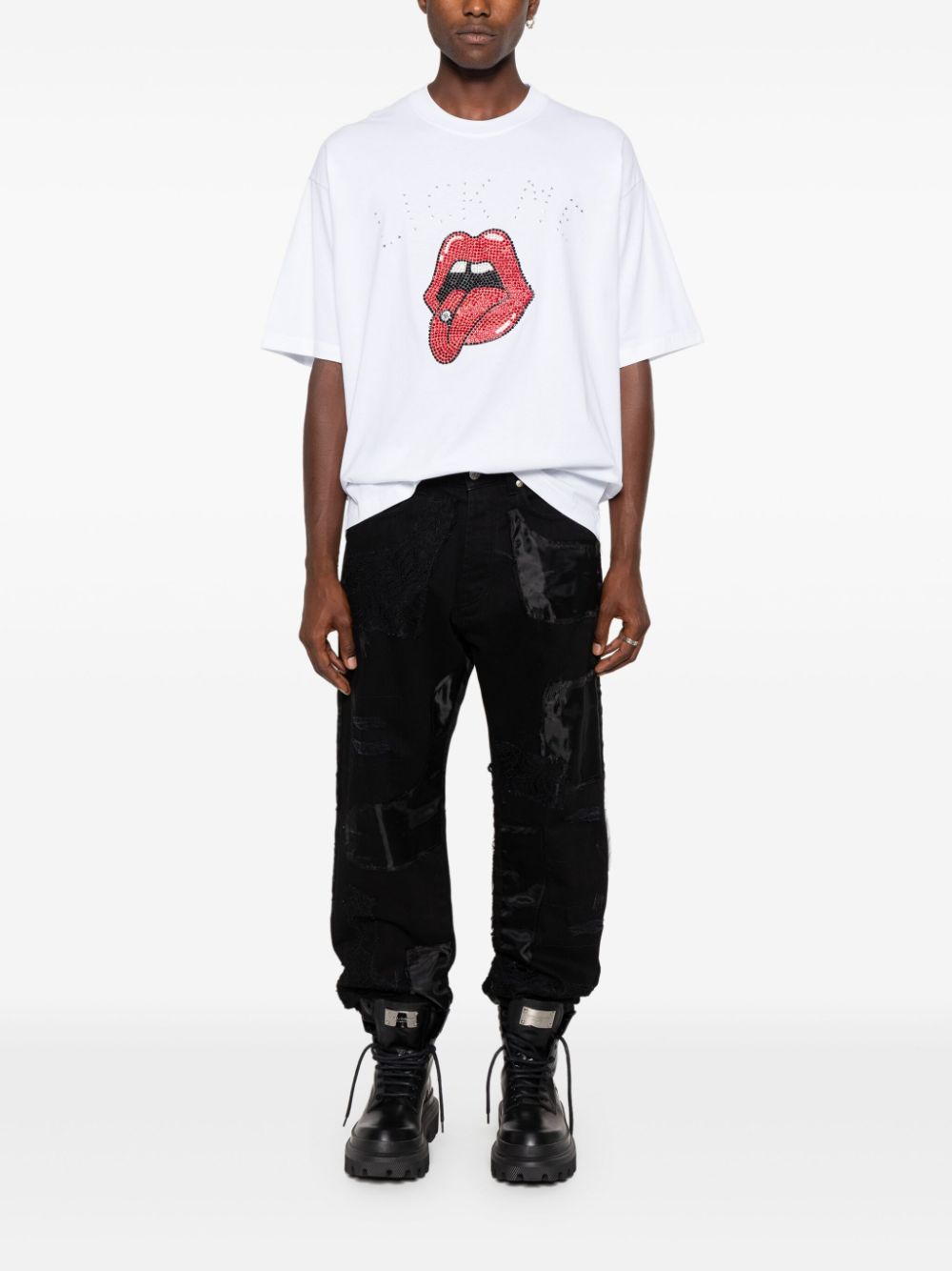 John Richmond T-shirt verfraaid met stras en lippenprint - Wit