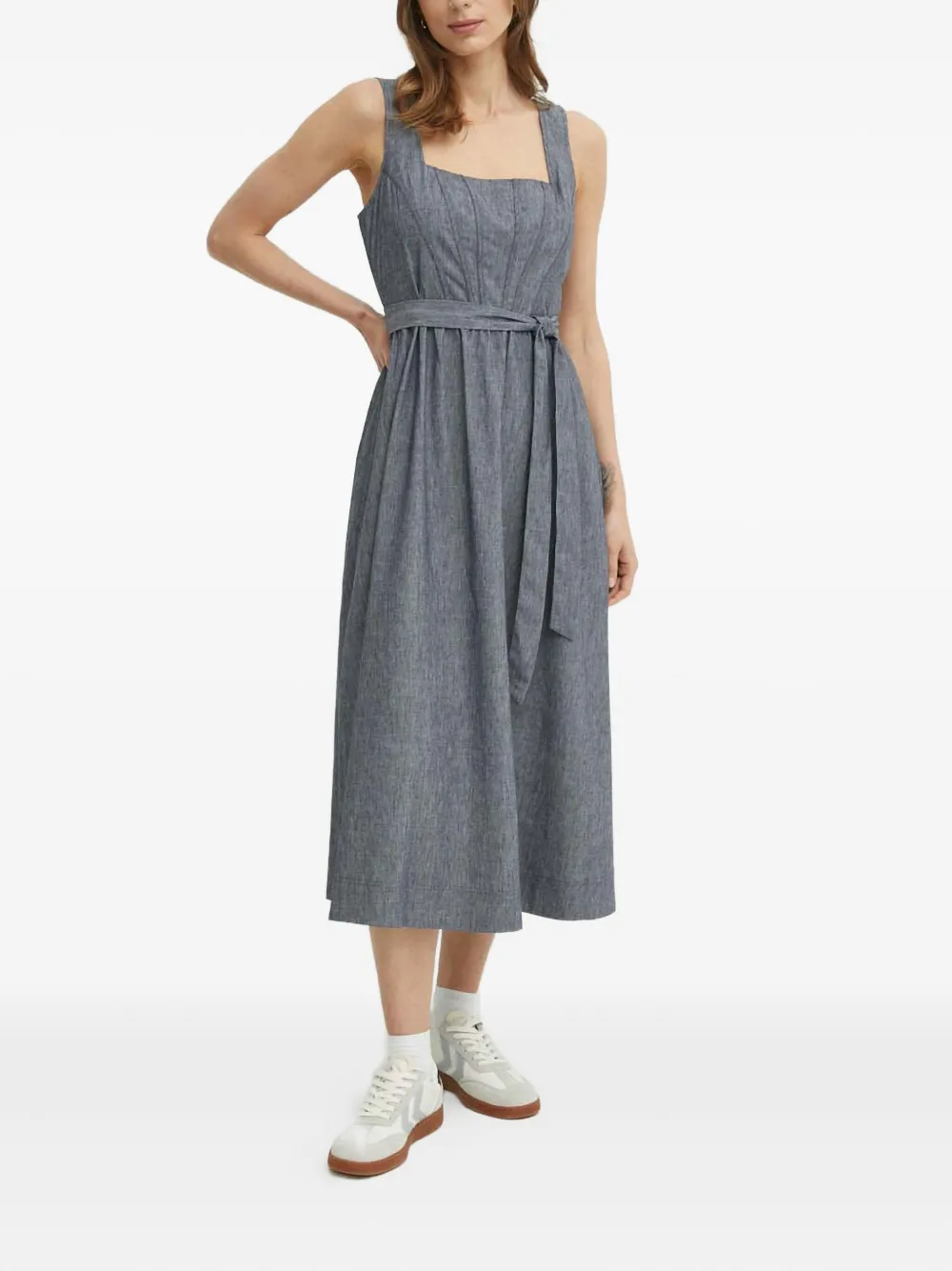 DKNY tie-waist square-neck midi dress - Grijs