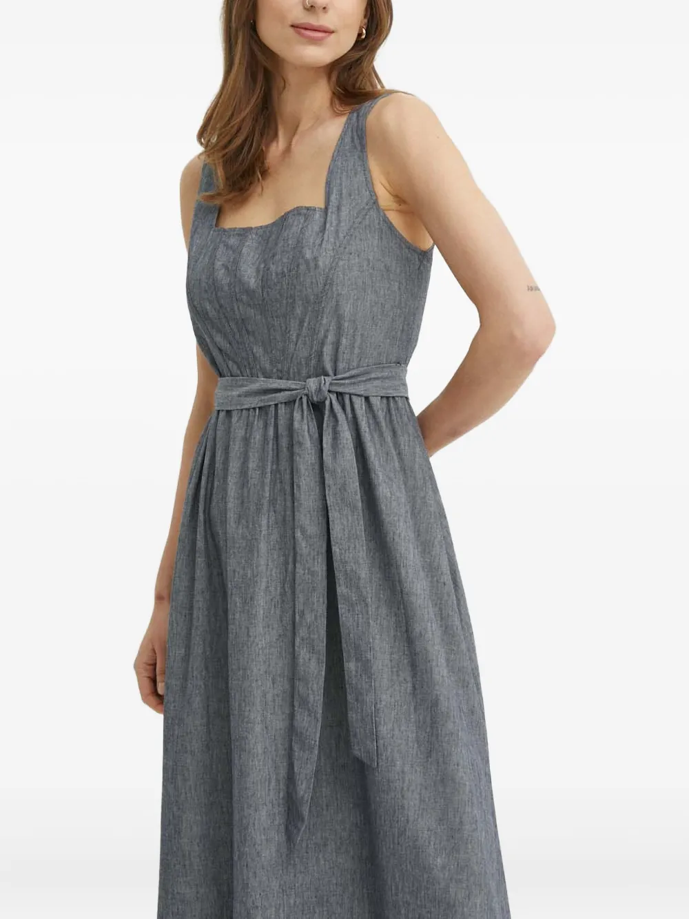Dkny Tie-waist Square-neck Midi Dress In Gray