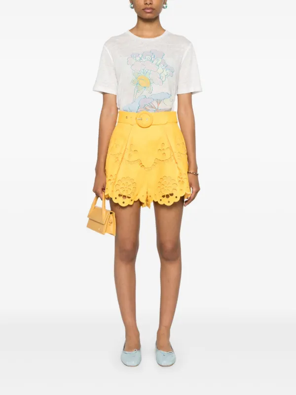 ZIMMERMANN Pop Embroidered Belted Shorts | Yellow | FARFETCH