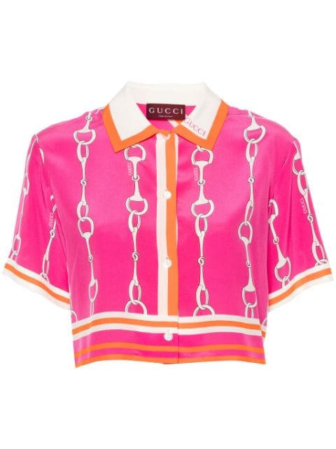 Gucci camisa de seda corta con estampado Horsebit