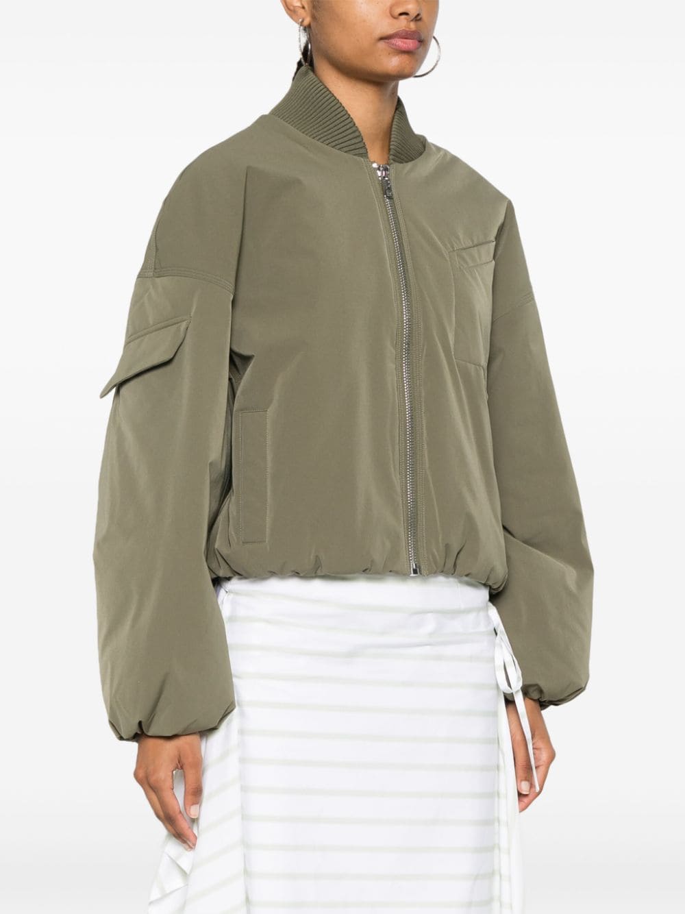 Shop Ganni Twill Bomber Jacket In Green