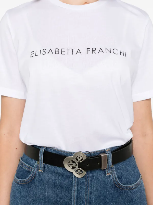 【Elisabetta Franchi】ラインストーン付きコットンTシャツ Elisabetta Franchi ラインストーントリム Tシャツ | ホワイト