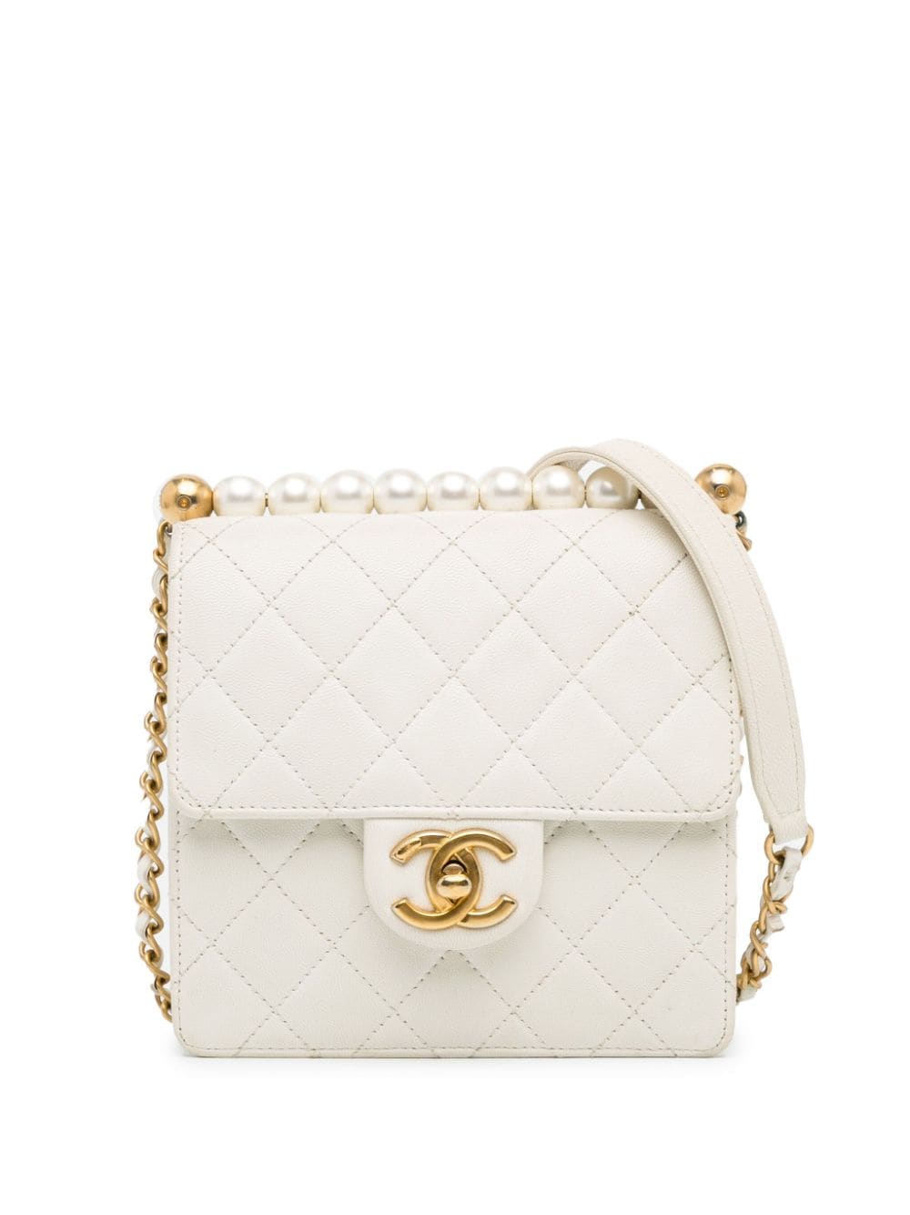 Pre-owned Chanel 2019 Small Lambskin Chic Pearls Flap Crossbody Bag In White