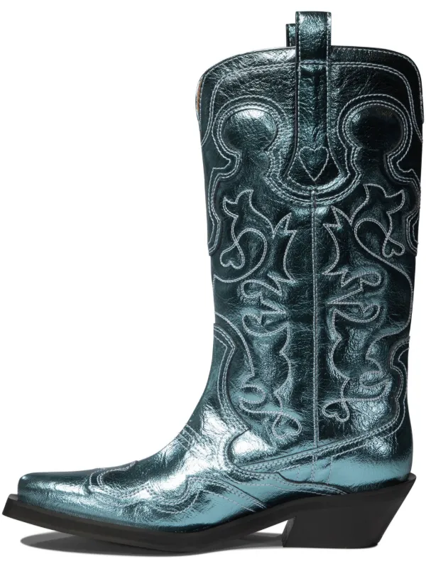 GANNI Embroidered Leather Western Boots Blue FARFETCH CA