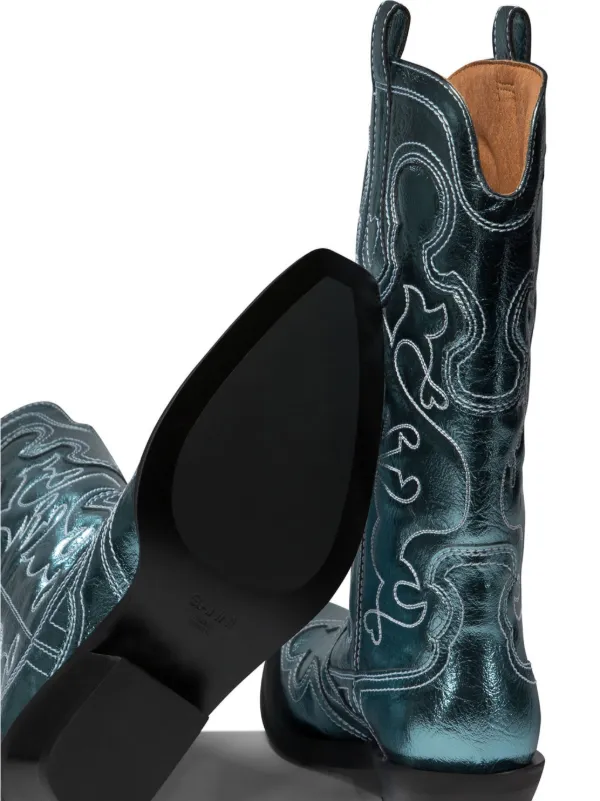 GANNI Embroidered Leather Western Boots Blue FARFETCH AE