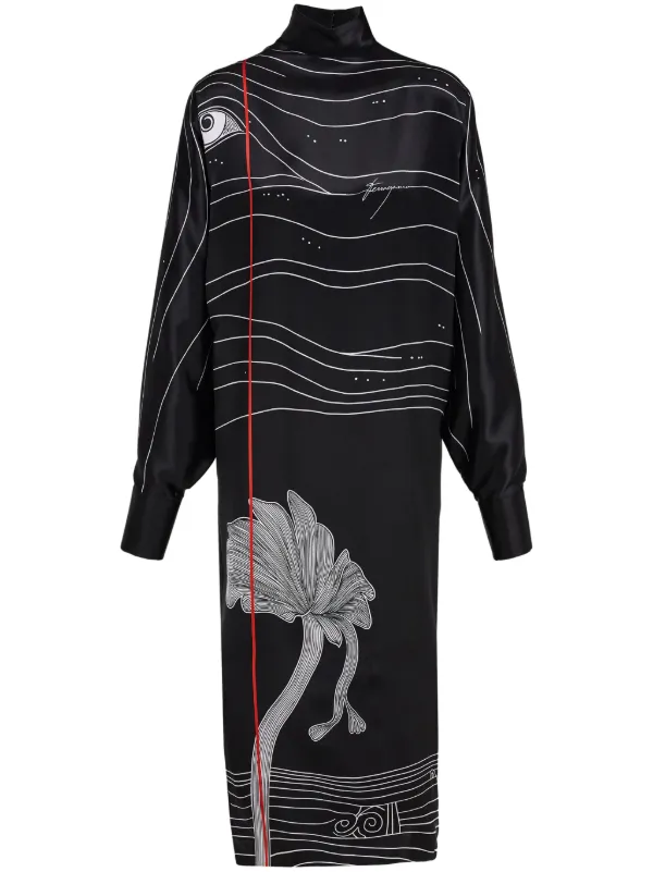 Ferragamo Spirit Print Satin Dress | Black | FARFETCH CA