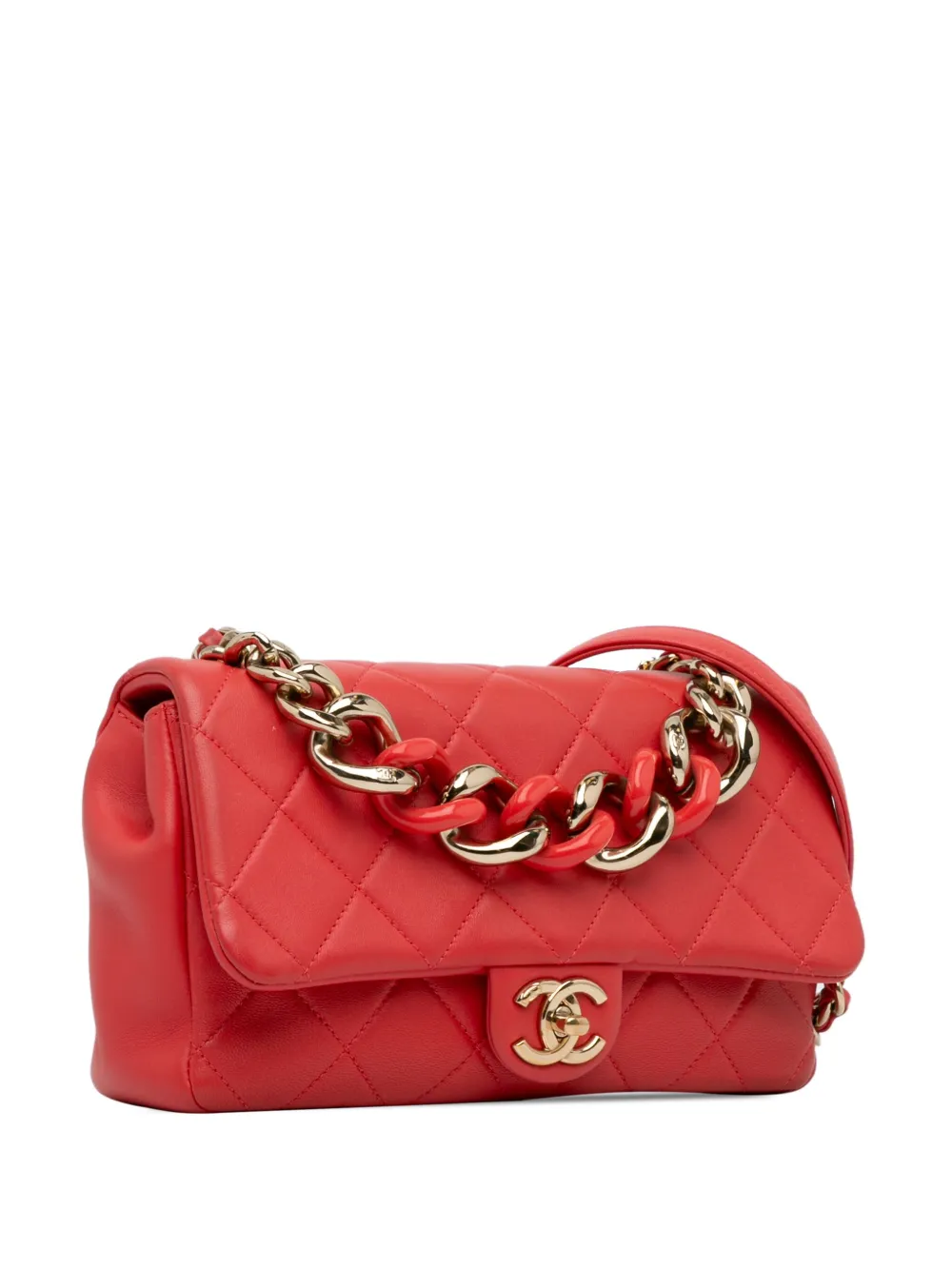 Pre-owned Chanel 2019 Small Lambskin Elegant Chain Single Flap Satchel In Red