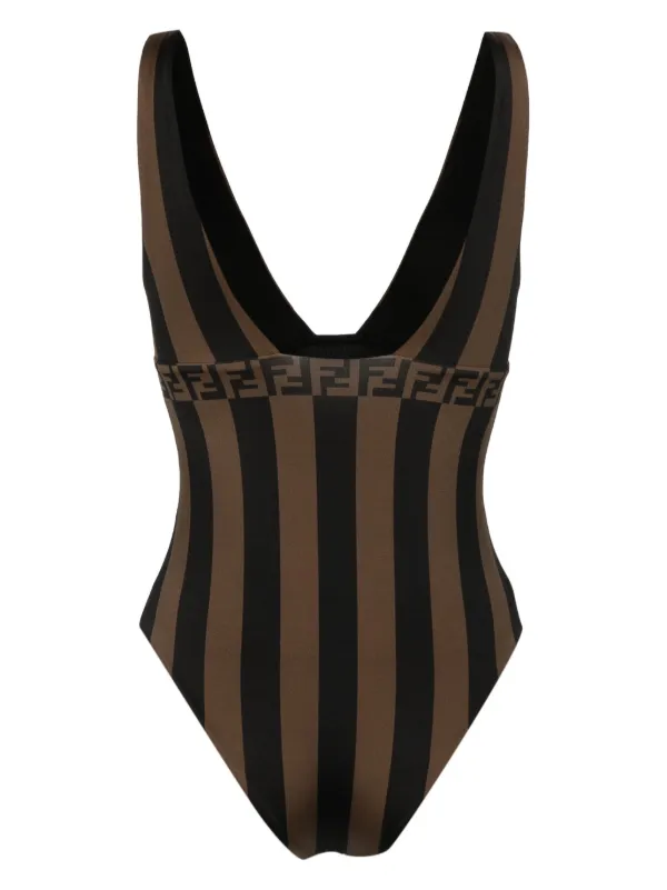 FENDI FF Motif Striped Swimsuit Brown FARFETCH