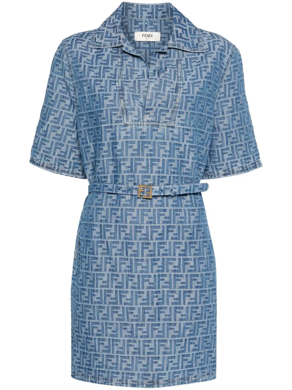 Fendi Ff Jacquard Belted Denim Dress In Blue