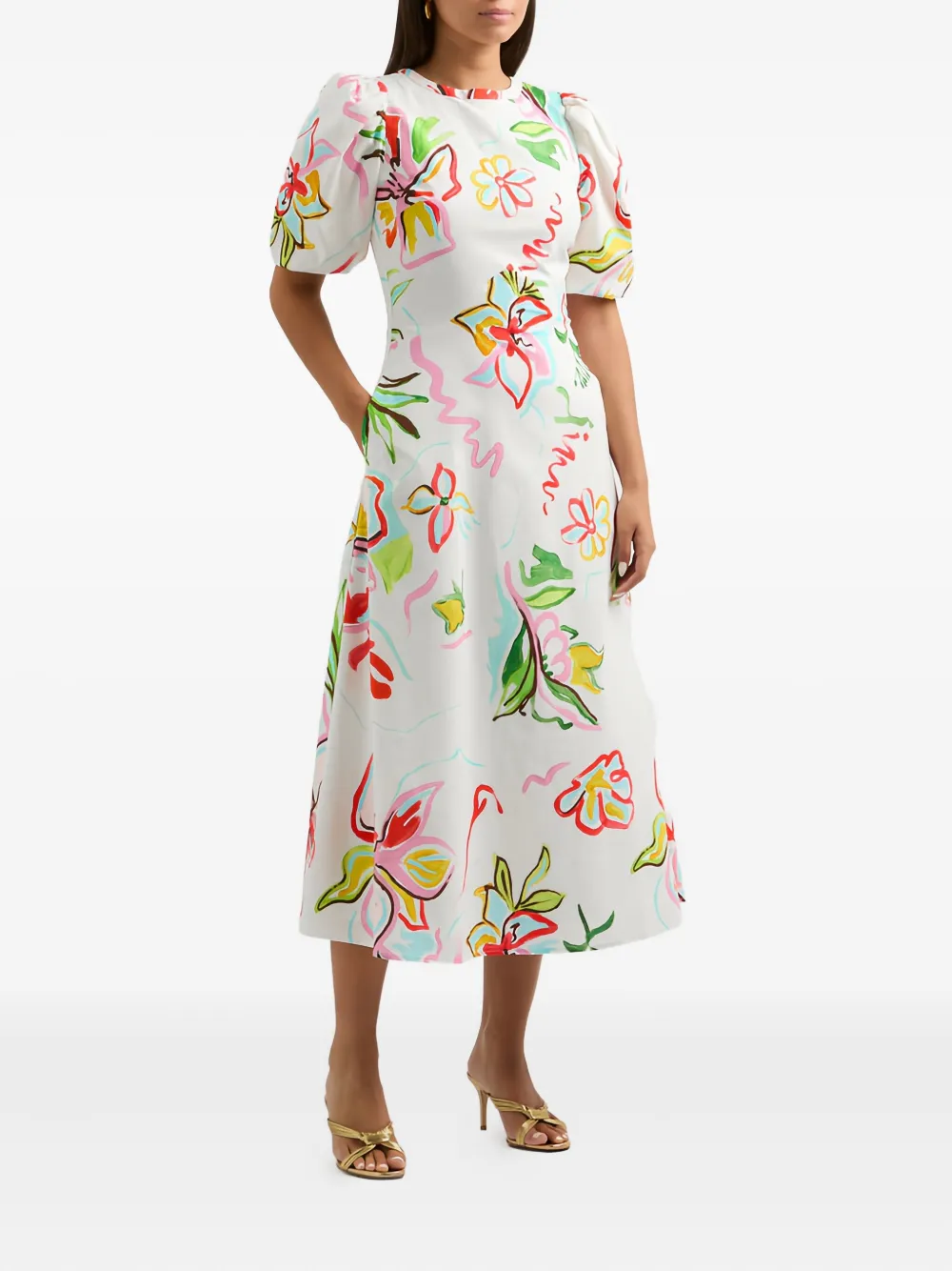 Olivia Rubin Midi-jurk met pofmouwen en bloemenprint Wit