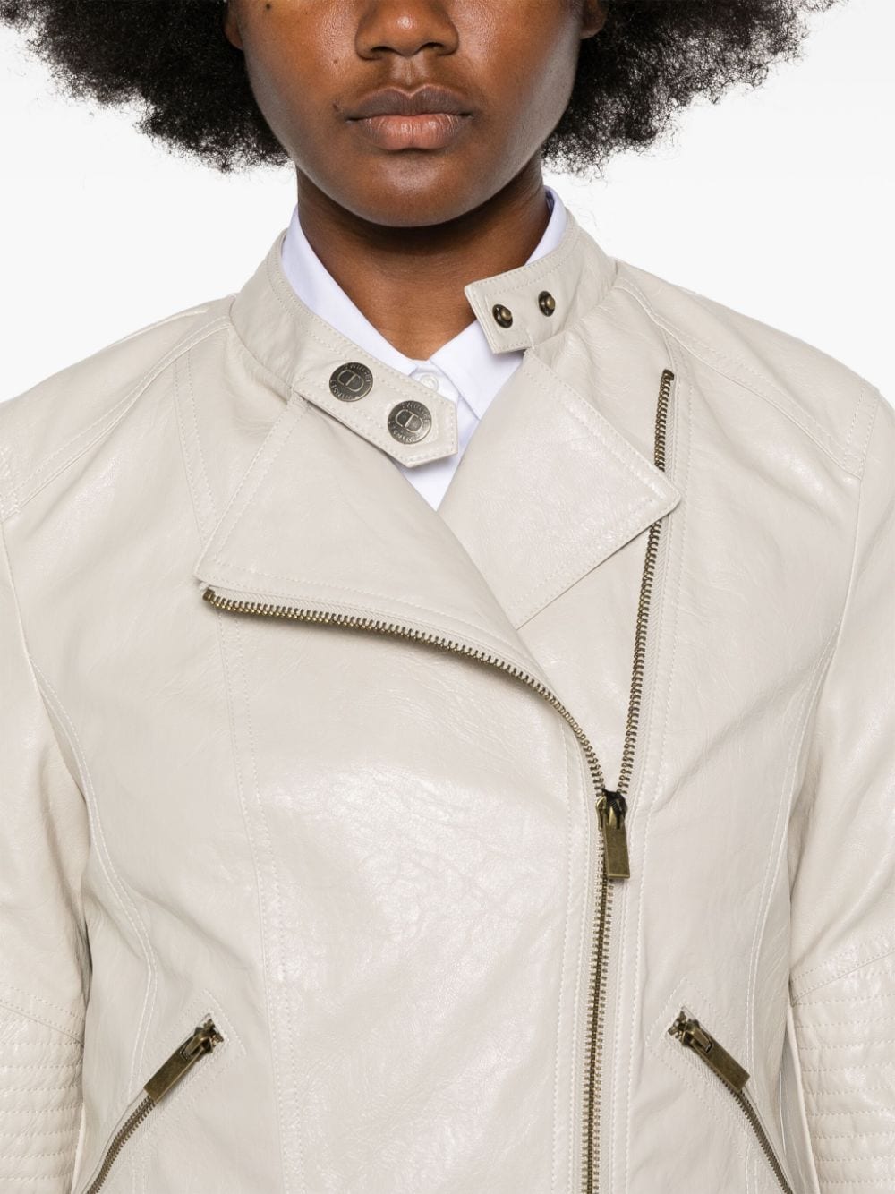 Shop Twinset Zipped Biker Jacket In Neutrals