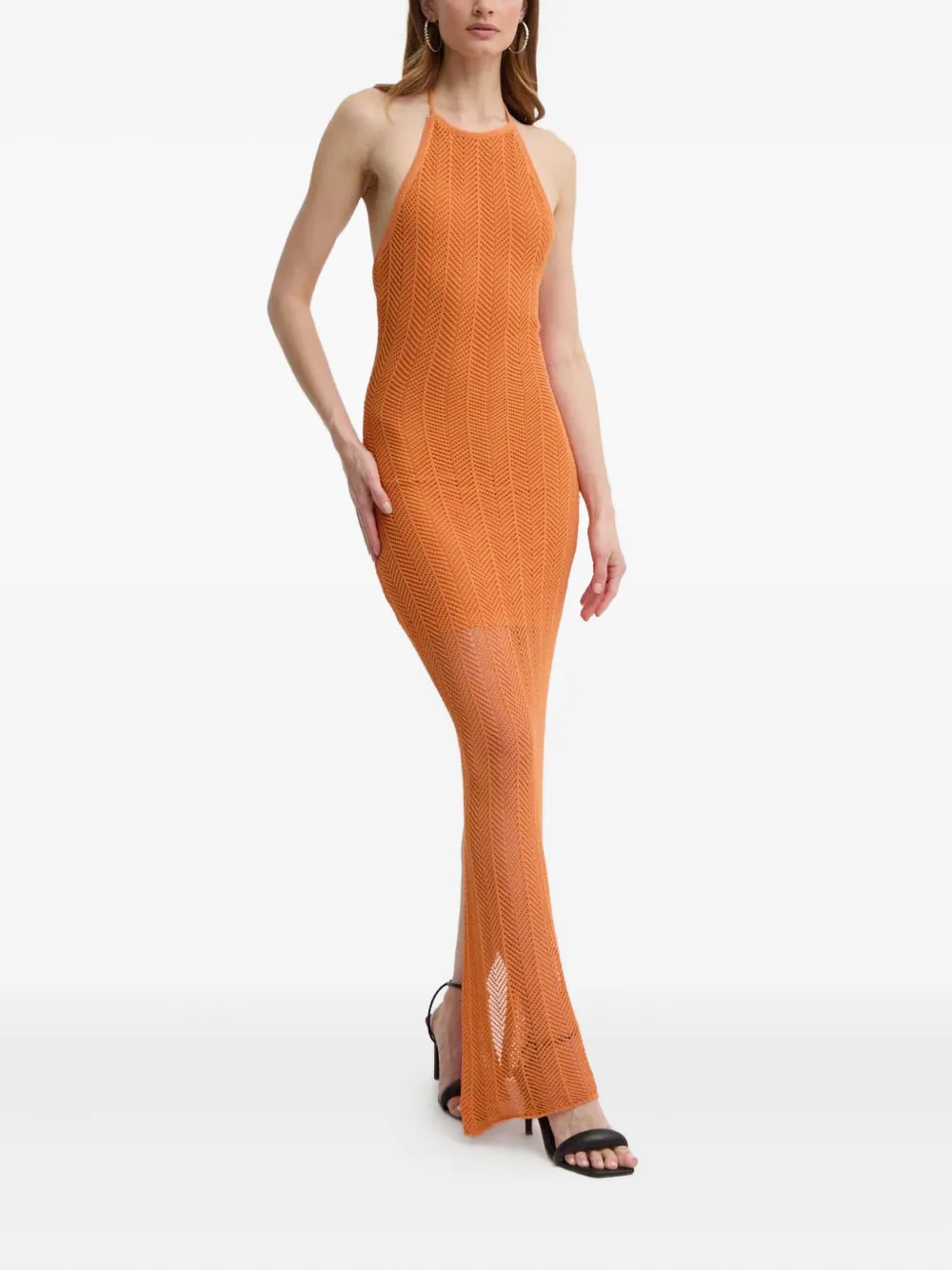 Guess Usa Halterneck Chevron-knit Maxi Dress In Orange