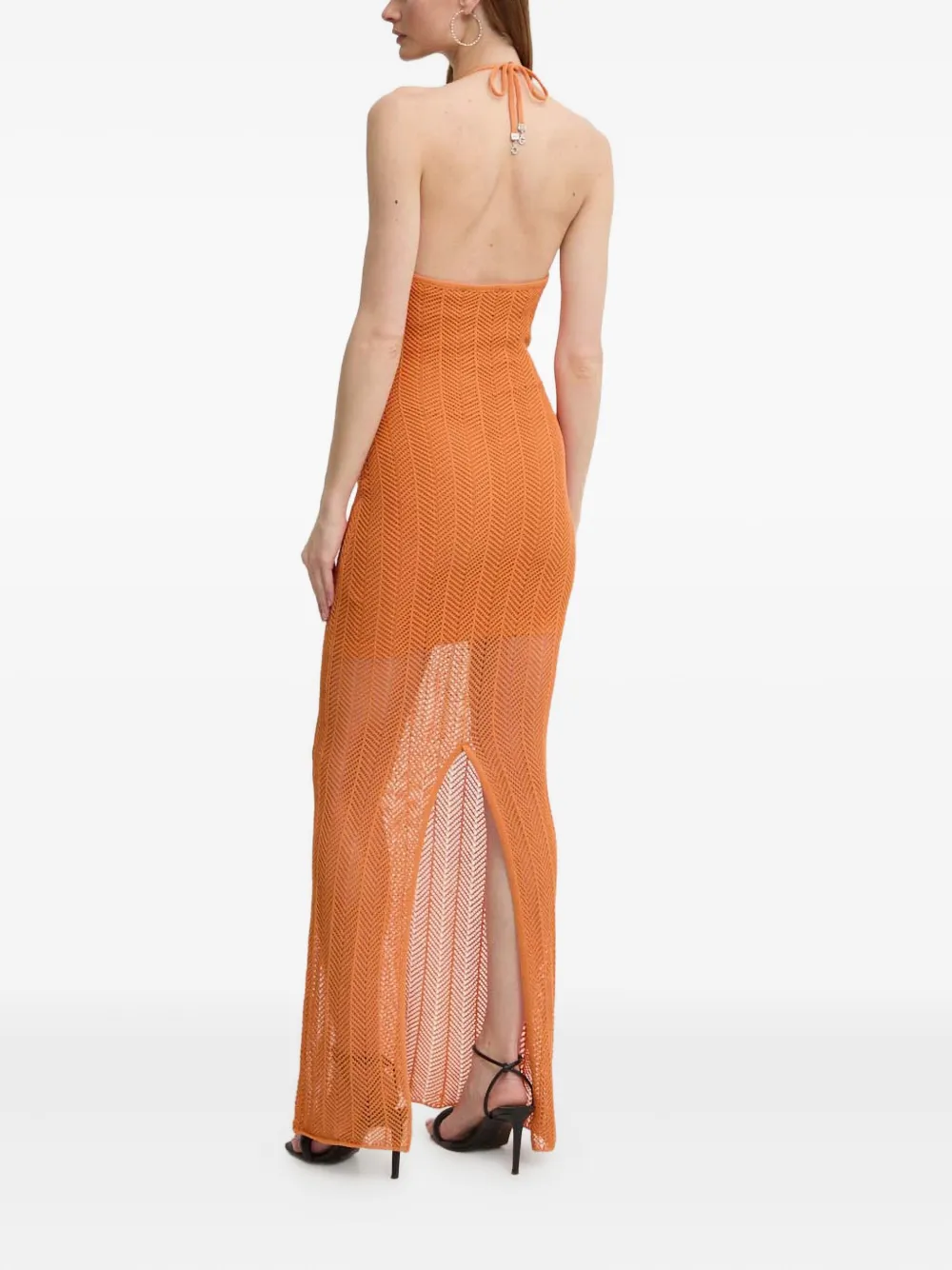 Guess Usa Halterneck Chevron-knit Maxi Dress In Orange