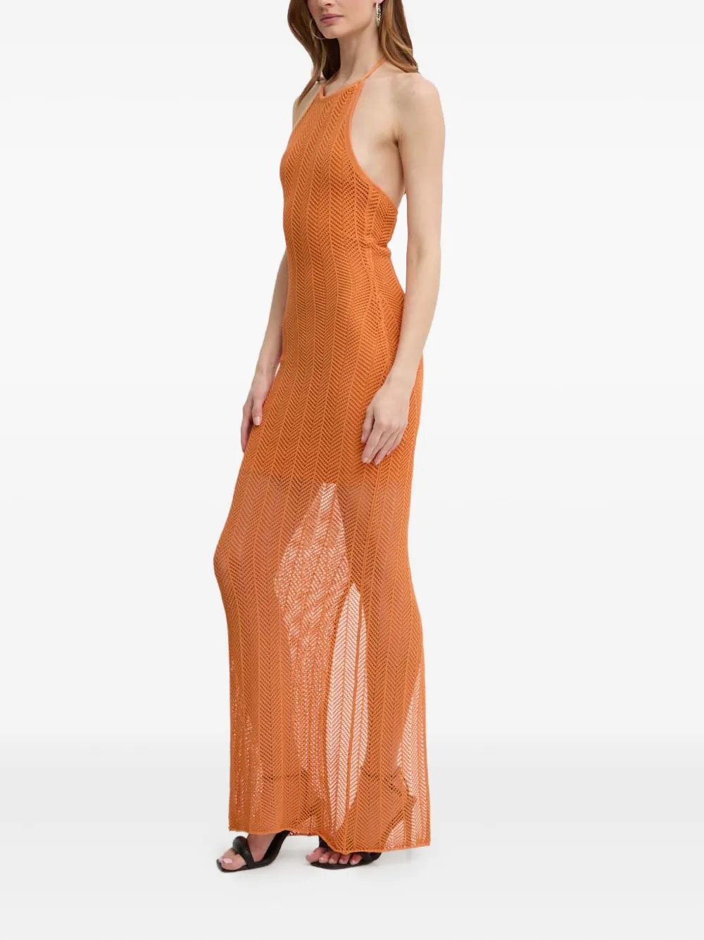 Guess Usa Halterneck Chevron-knit Maxi Dress In Orange