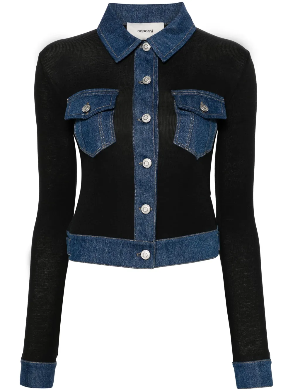 Coperni Second Skin Denim-trimmed Ribbed Stretch-lyocell And Cotton-blend Shirt In Black