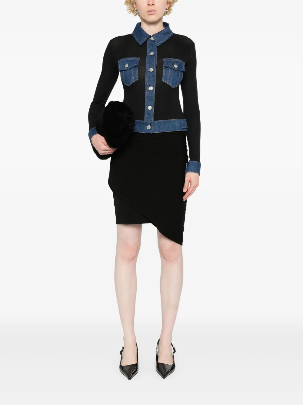 Coperni Geribbeld blouse met denim afwerking - Zwart