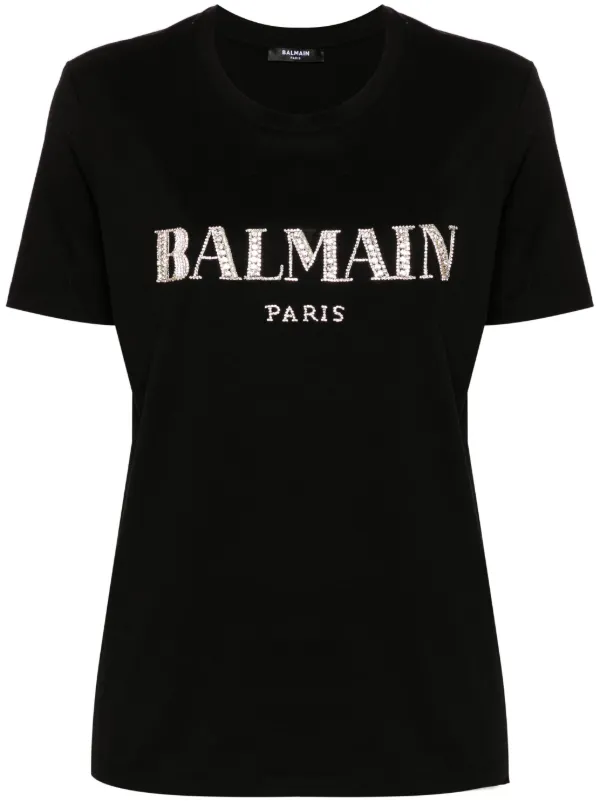 Balmain Crystal-logo Cotton T-shirt in Black