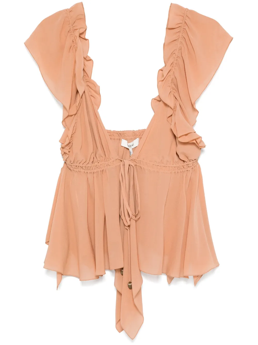 Chloé Beige Top With Gatherings And V Neck In Silk Georgette Woman In Neutrals