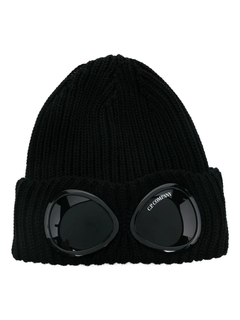 C.p. Company Green Goggle Beanie With Turn-up Brim In Cotton Man In Black