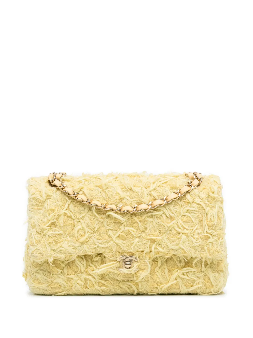 Pre-owned Chanel 2020 Medium Classic Fringed Tweed Double Flap Shoulder Bag In Yellow
