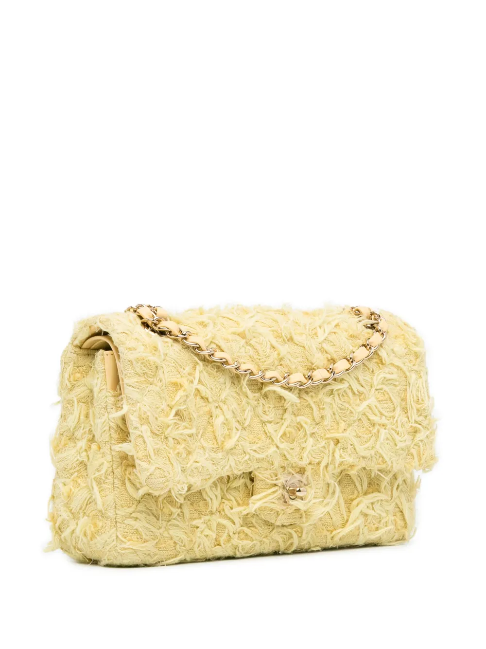 CHANEL Pre-owned 2020 Medium Classic Fringed Tweed Double Flap Shoulder Bag In Yellow