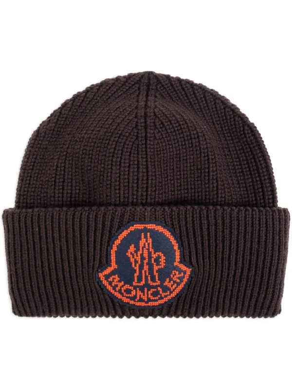 Moncler logo patch Wool Beanie Brown FARFETCH HK