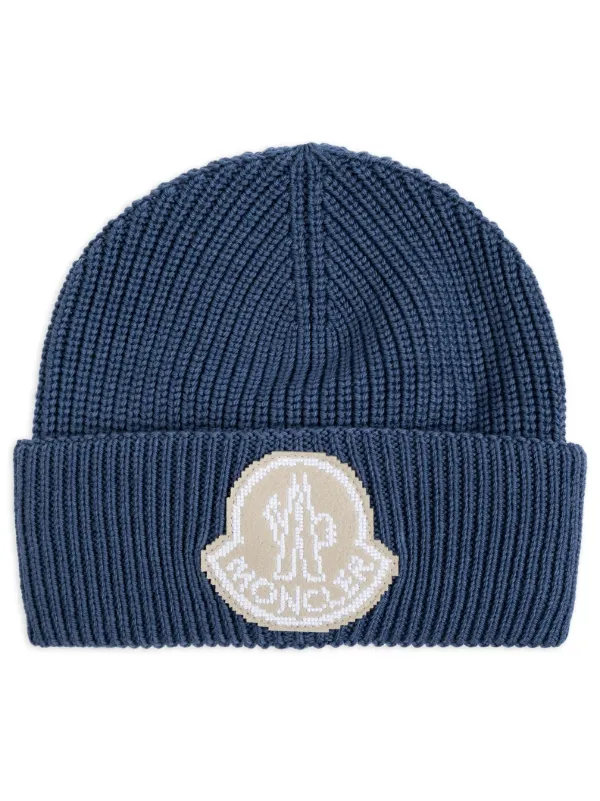 Moncler logo patch virgin wool Beanie Hat Blue FARFETCH HK