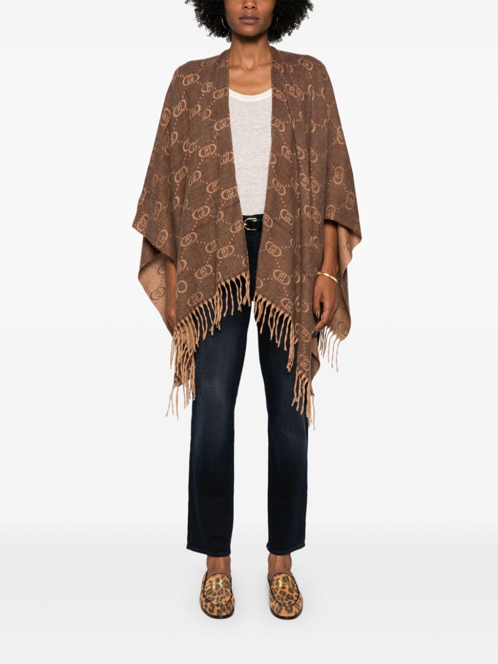 LIU JO Poncho met logo-jacquard en franje - Bruin