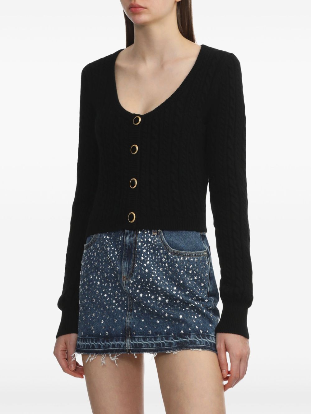 Shop Alessandra Rich Wool Cable-knit Cardigan In Black