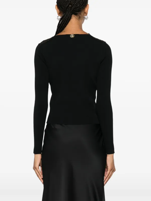TWINSET lace-panels ribbed-knit Cardigan | Black | FARFETCH