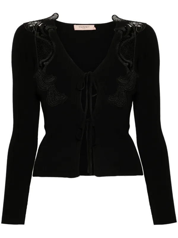 TWINSET lace-panels ribbed-knit Cardigan Black FARFETCH AU