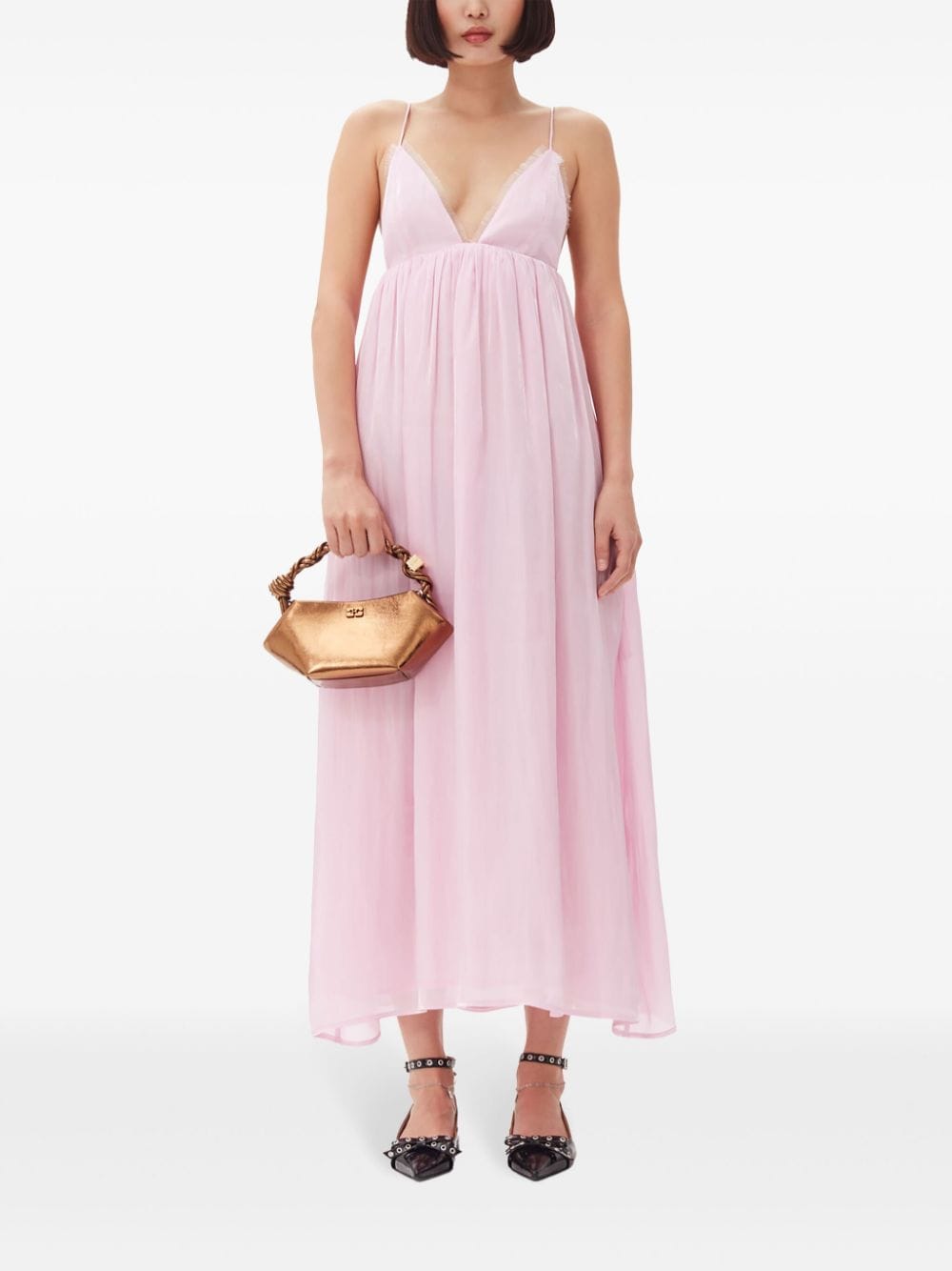 Shop Ganni Metallic-effect Maxi Dress In Pink