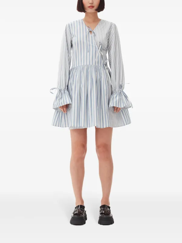 GANNI stripe-print Cotton Mini Wrap Dress Grey FARFETCH IN