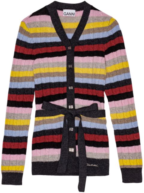 GANNI logo-embroidered striped belted cardigan Women