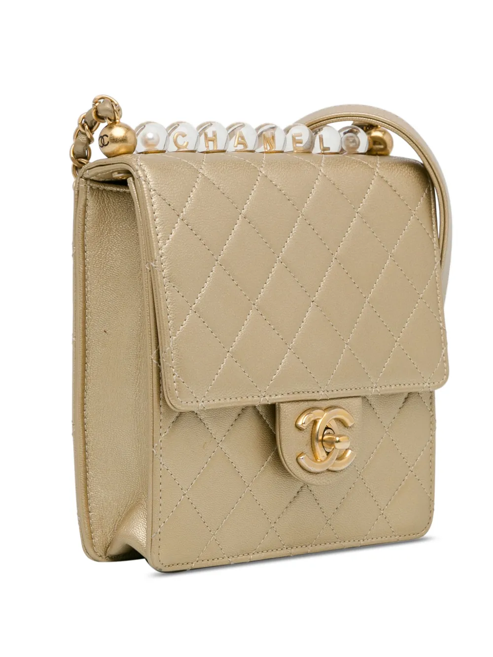 Pre-owned Chanel 2020 Small Lambskin Chic Pearls Flap Crossbody Bag In Gold