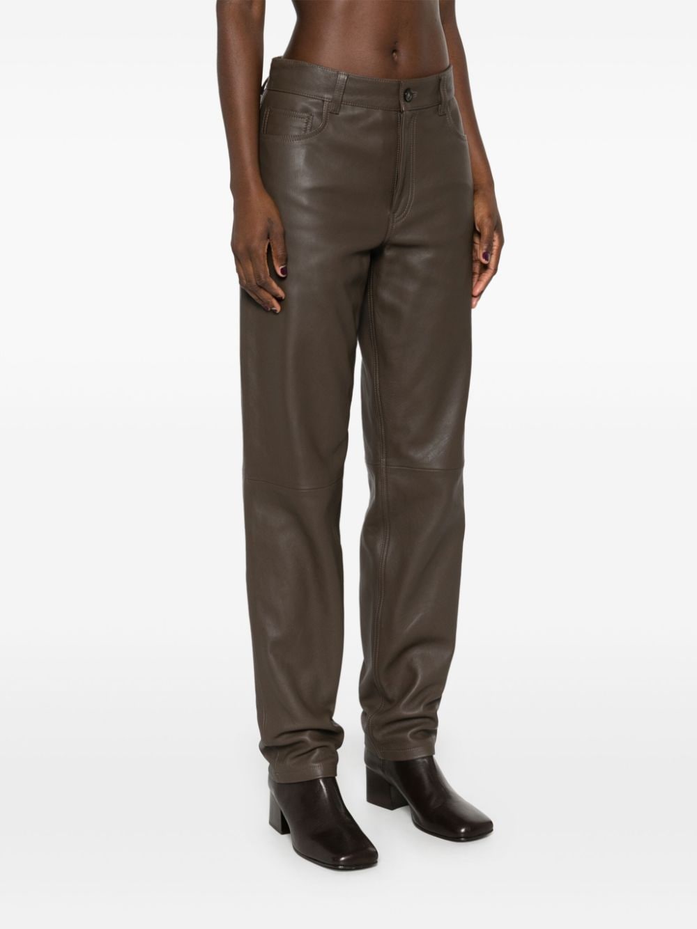 Shop Totême Five-pocket Leather Trousers In Brown