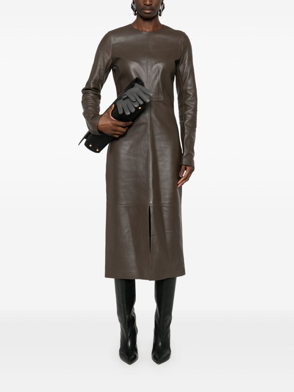 Shop Totême Panelled Leather Midi Dress In Brown