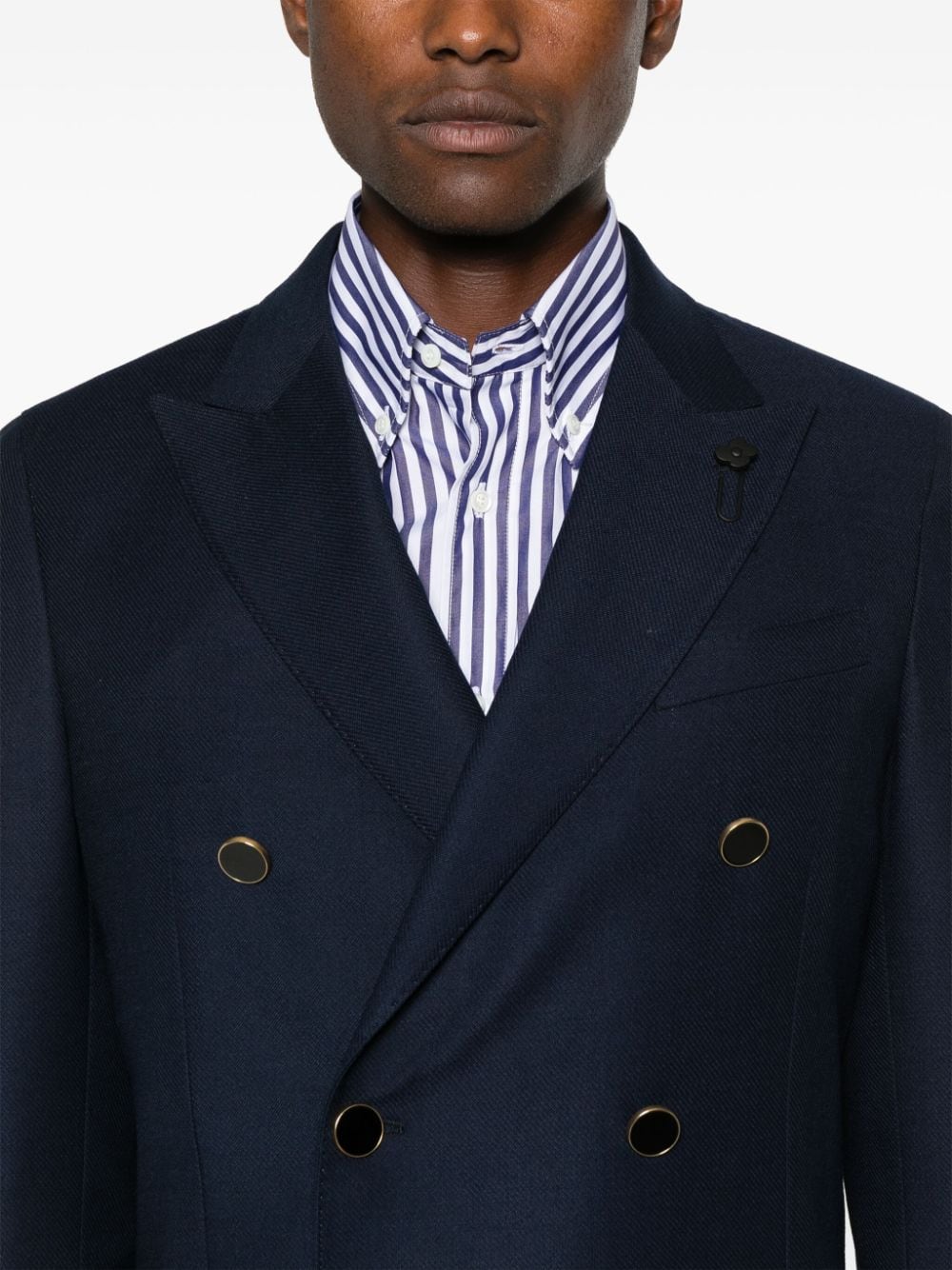 Shop Lardini Brooch-detail Double-breasted Blazer In Blue