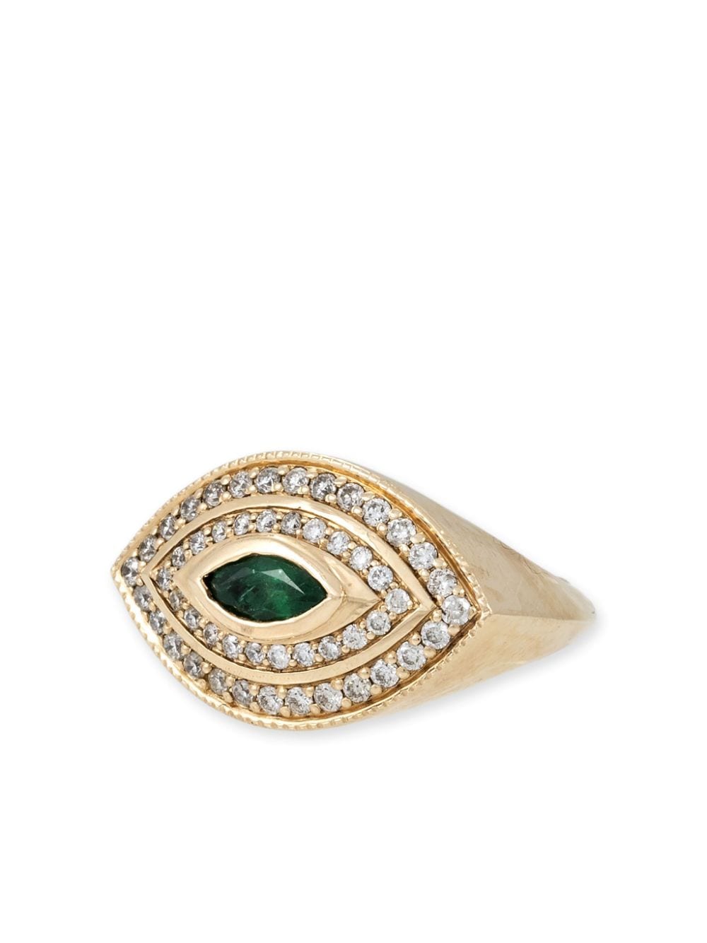 14kt yellow gold Halo Eye diamond and emerald ring