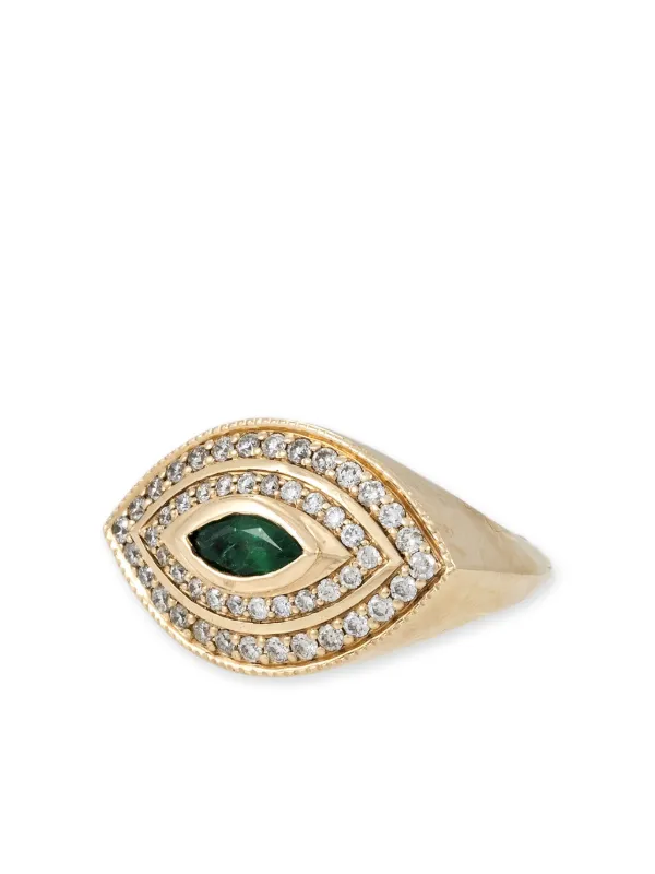 Jacquie Aiche 14kt Yellow Gold Halo Eye Diamond and Emerald Ring