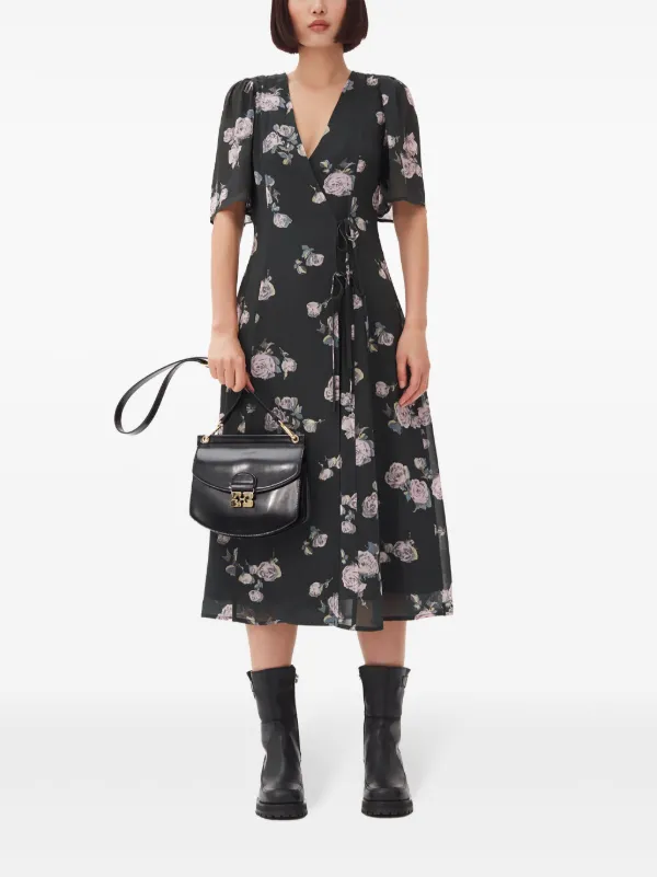 GANNI floral print Crepe Wrap Midi Dress Farfetch