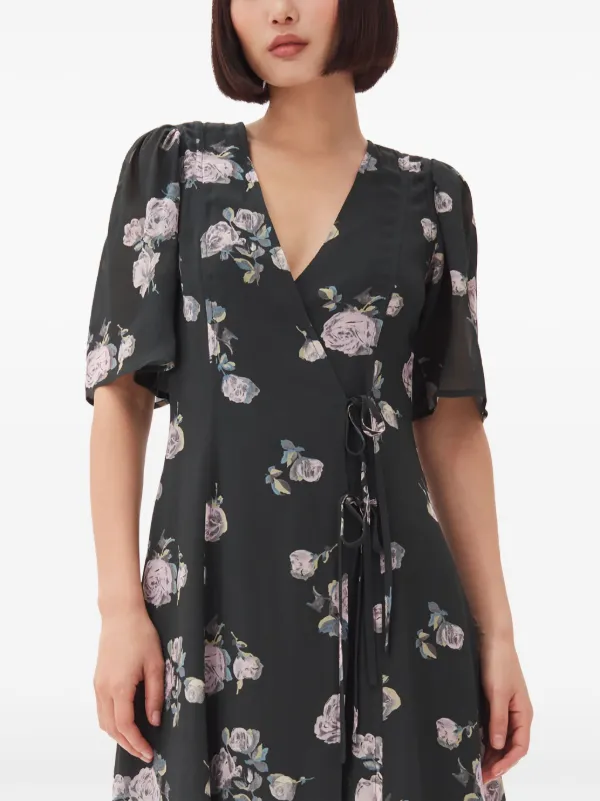 GANNI floral print Crepe Wrap Midi Dress Farfetch